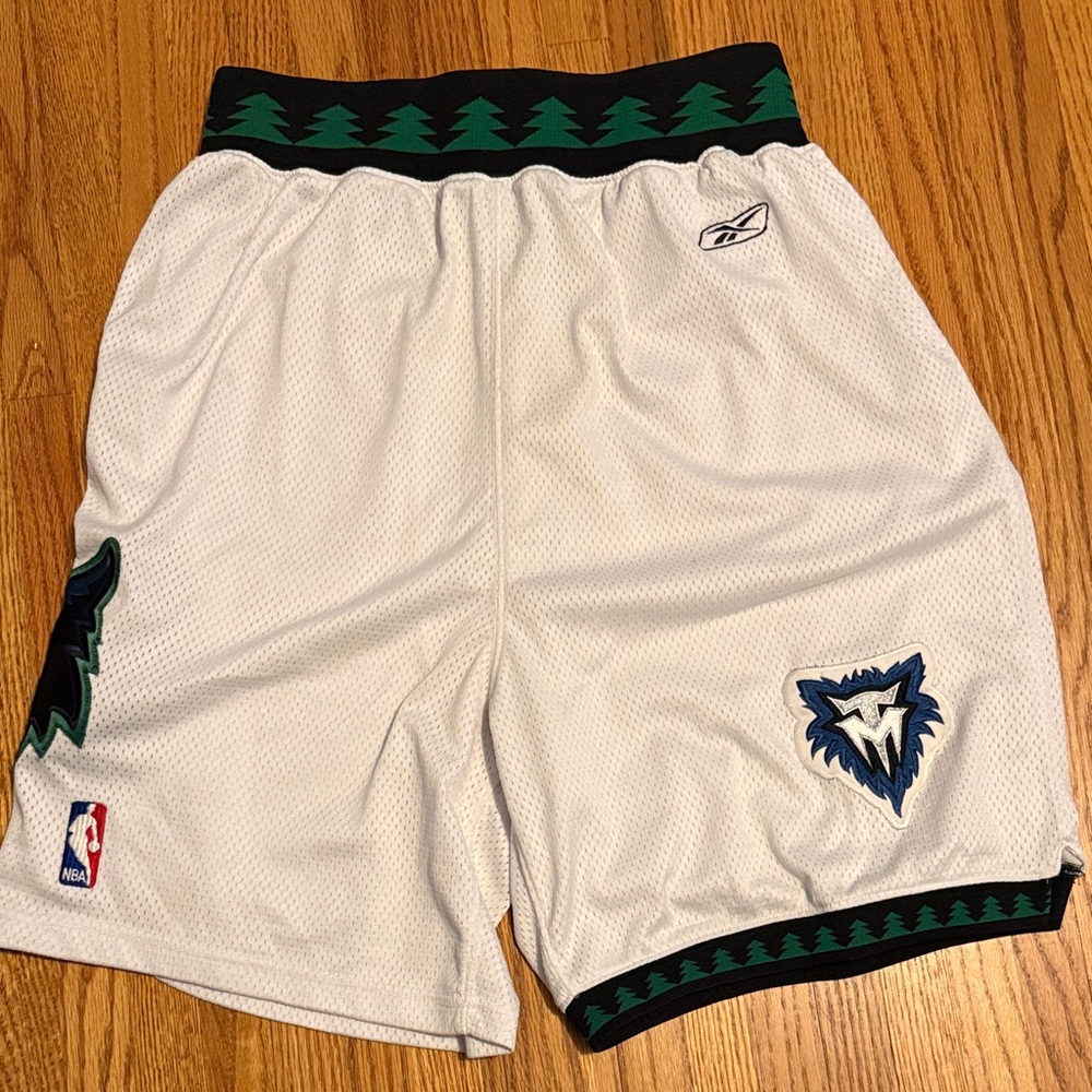 Retro Reebok White Mesh Minnesota Timberwolves Basketball Shorts with Green Trim